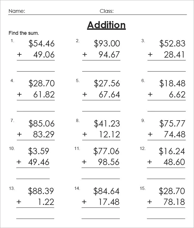 Writing worksheet for Second Grade Worksheet for practicing money addition with coins and dollar bills for kids. Engaging money addition worksheet for second graders to enhance their math skills.