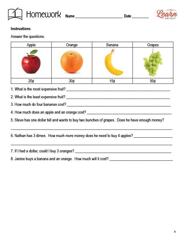 Money Math Word Problems worksheet featuring various scenarios for second graders to solve. Engaging fraction-based math challenges for young learners focused on dollars and cents.