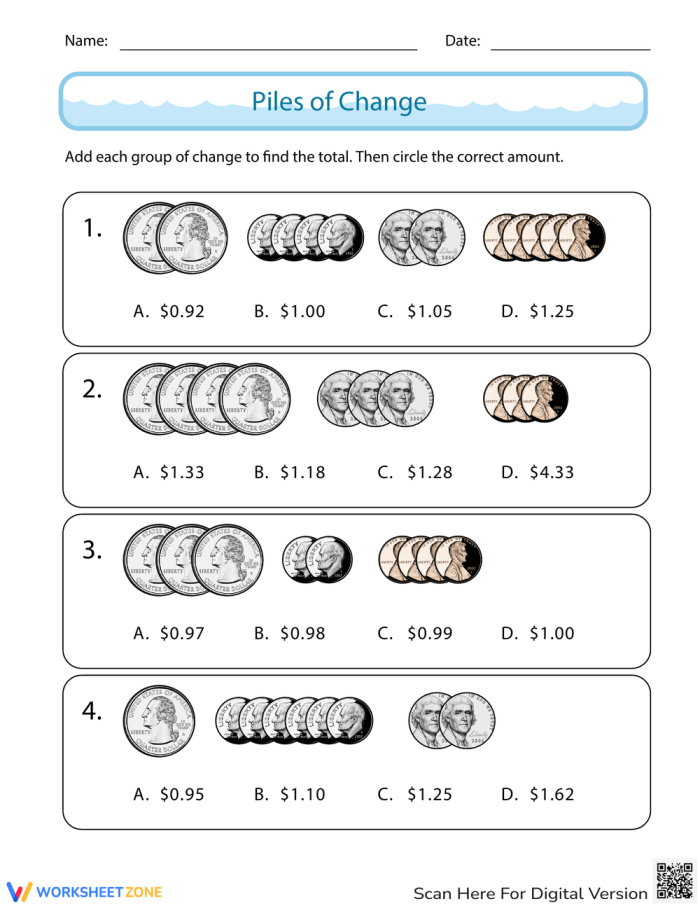 Second grade geography worksheet showing piles of coins for students to count and circle the total amount