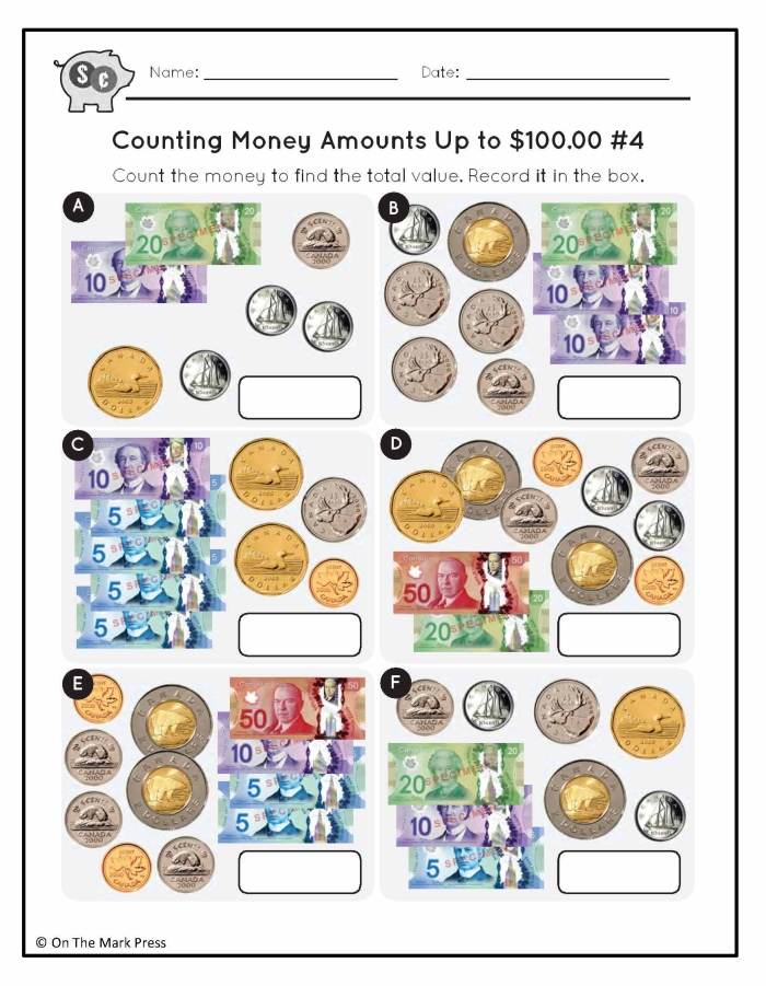 Second grade worksheet featuring a variety of coins for students to count and identify the correct total value