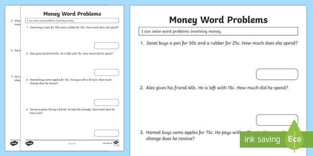 Children solving spending money word problems in a math worksheet