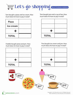 Engaging addition problems for practicing everyday math skills Second grade students working on a Money Math Word Problems worksheet
