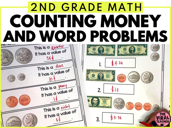 Second grade math worksheet featuring money addition word problems with dollars and cents