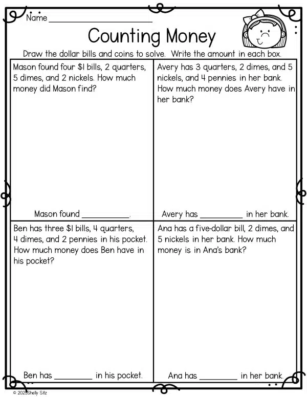Engaging second-grade students with money-related math challenges Children solving addition word problems on a Money Math worksheet