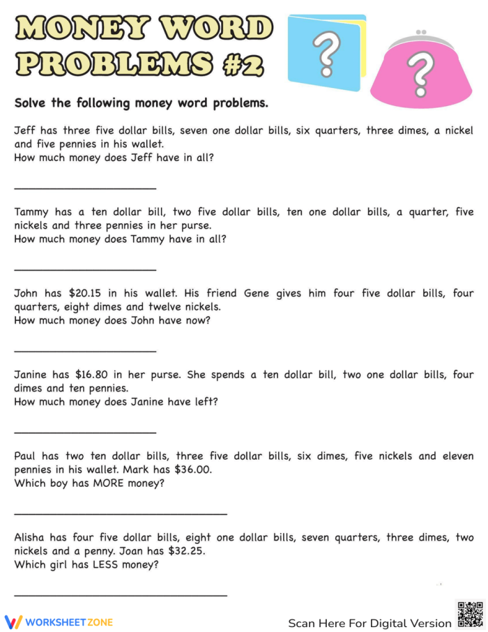 Money Math Word Problems worksheet for second graders focusing on fractions