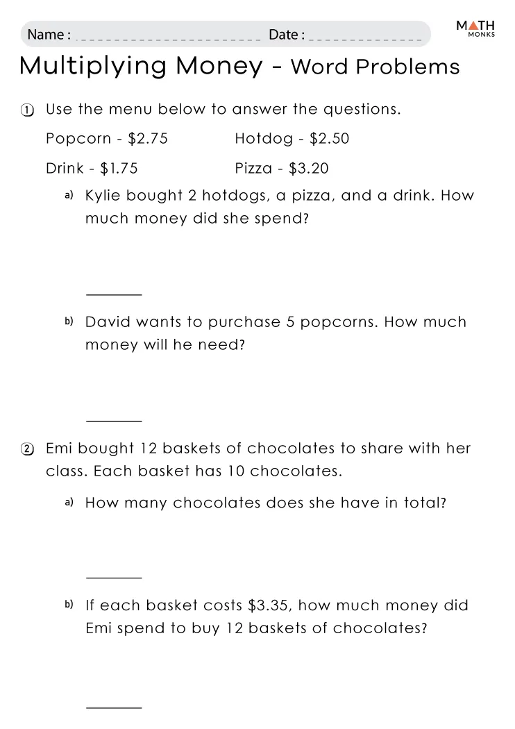 Money Math Word Problems worksheet for second graders focusing on fractions