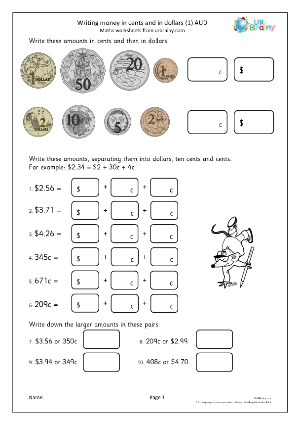 Second grade math worksheet featuring practice problems for adding dollars and coins titled Dollars and Cents How Much