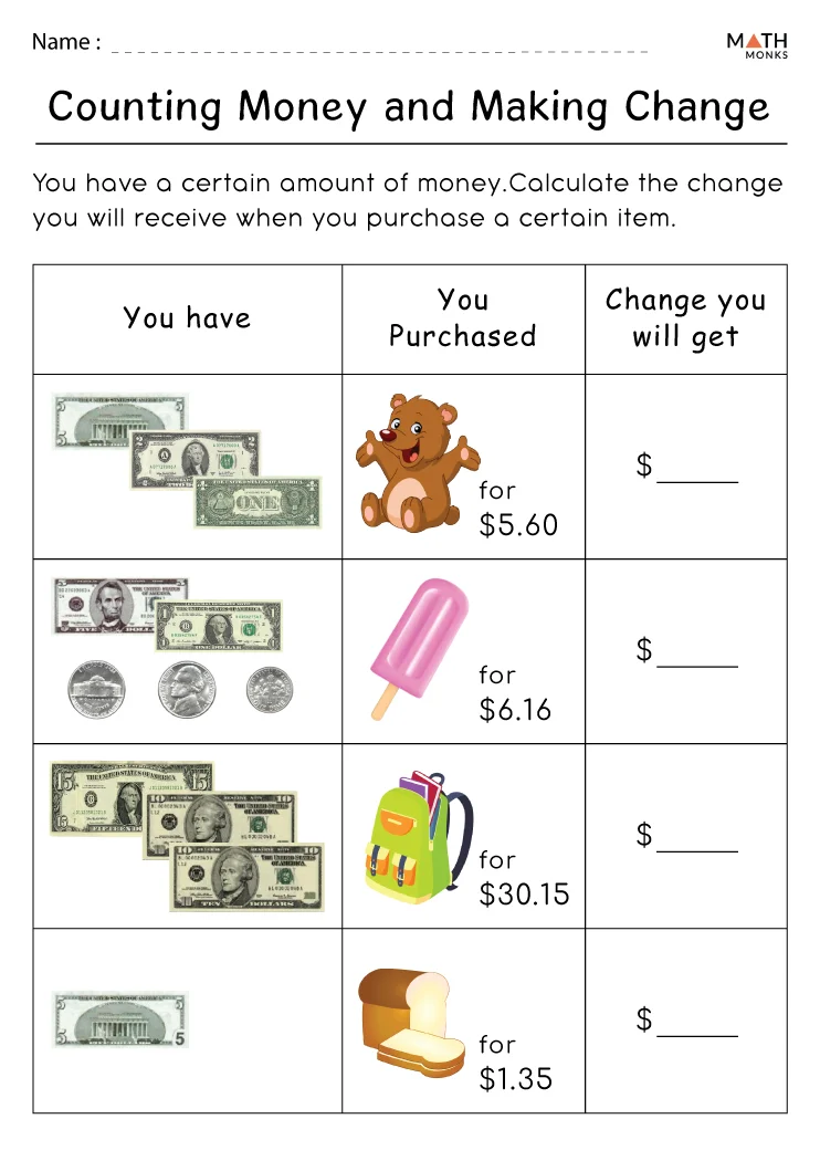 Second grade student worksheet for calculating change from toy store purchases