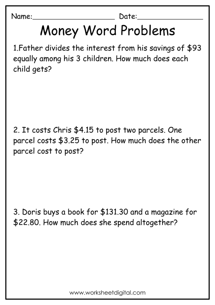 Money Math Word Problems worksheet for second graders focusing on adding dollars and cents
