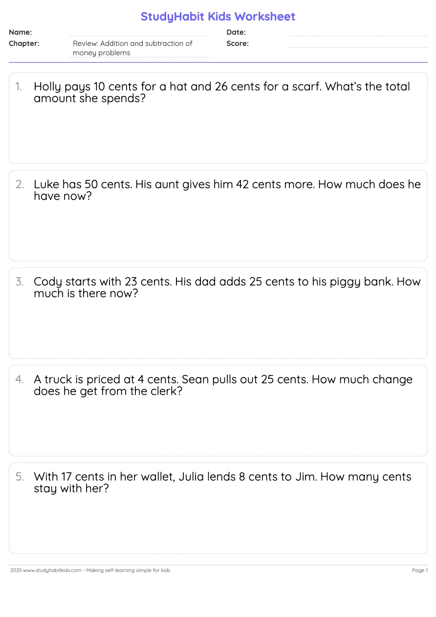 Money Math Word Problems Worksheet Number 13 for Grade 2 Addition Second grade addition worksheet featuring everyday money math word problems