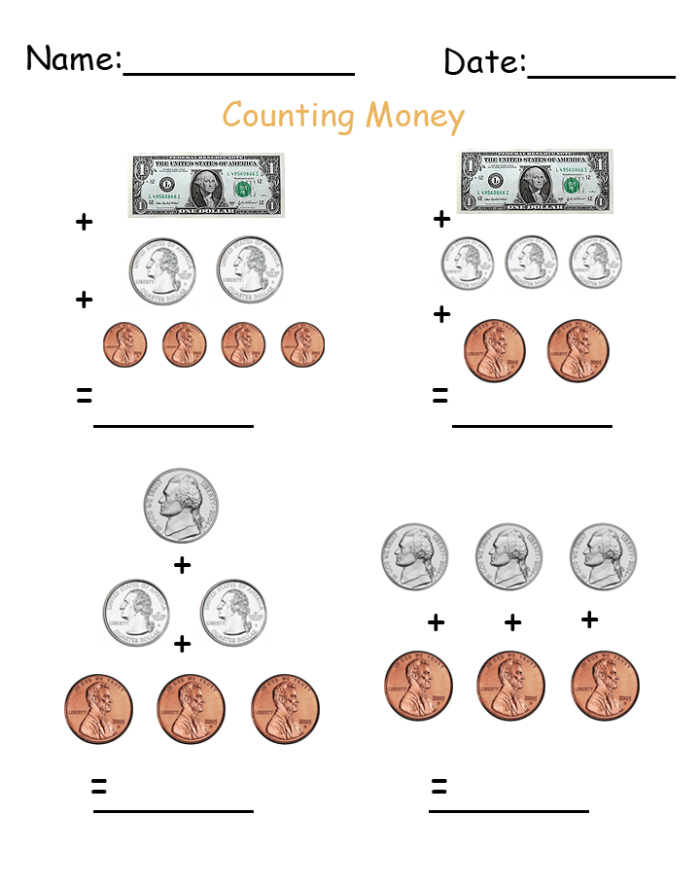 Worksheet featuring various dollar and coin amounts for second graders to practice money math