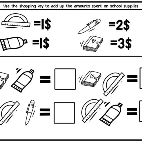 Second grade student working on an Add Up the Change math worksheet with various coin sets