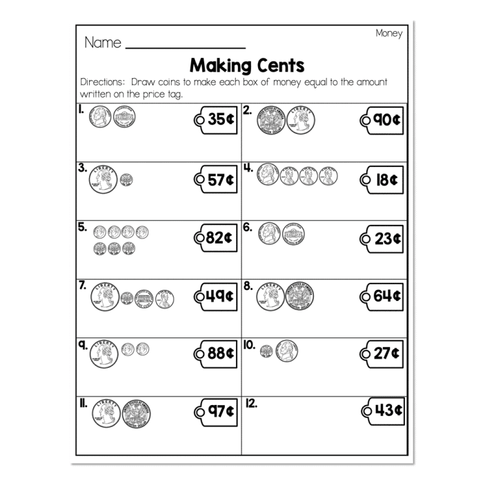 Dollars and Cents worksheet for second graders focusing on adding money amounts