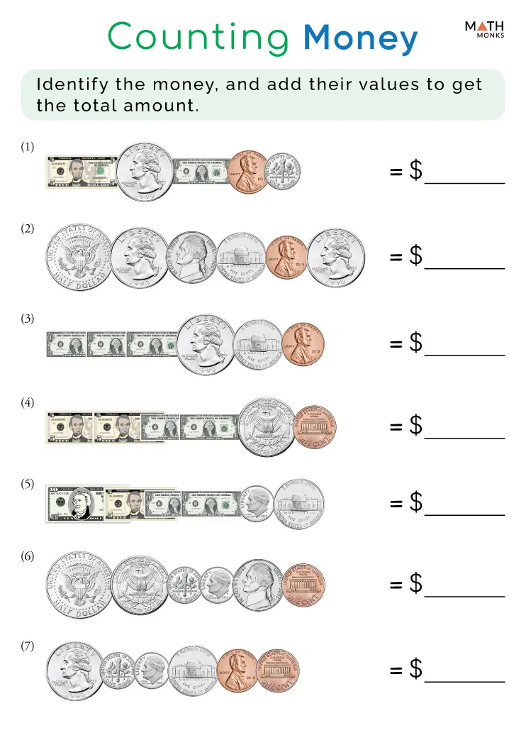 Second grade math worksheet showing coins to count with multiple choice answers for students to circle the correct total amount