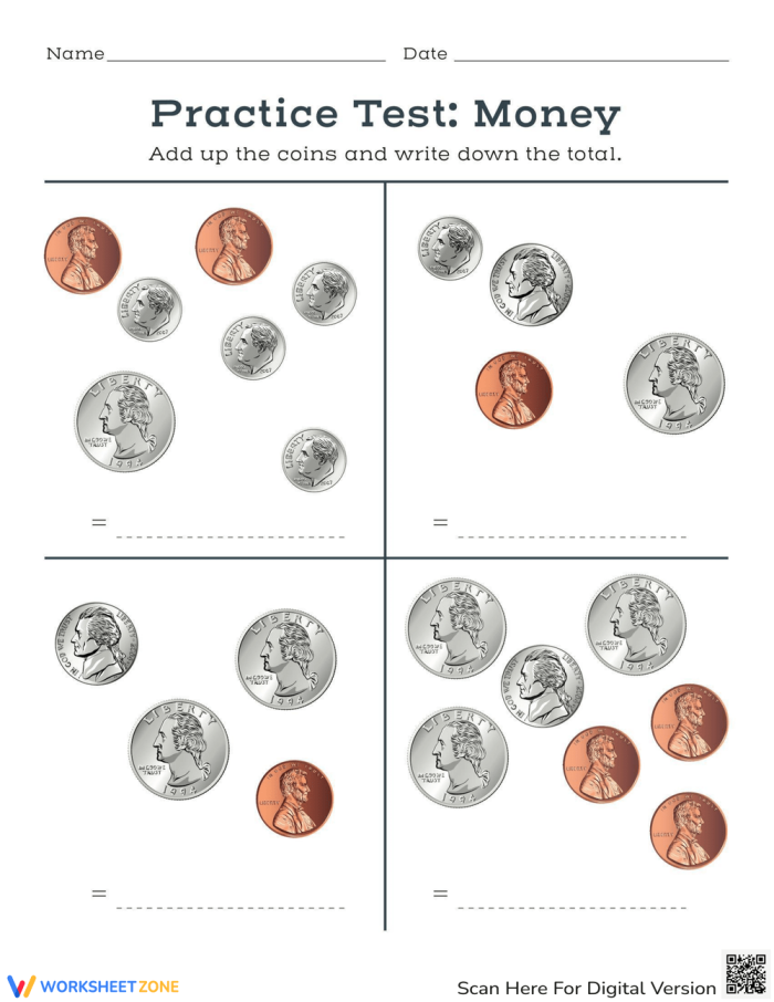 Simple money math practice test worksheet for second graders