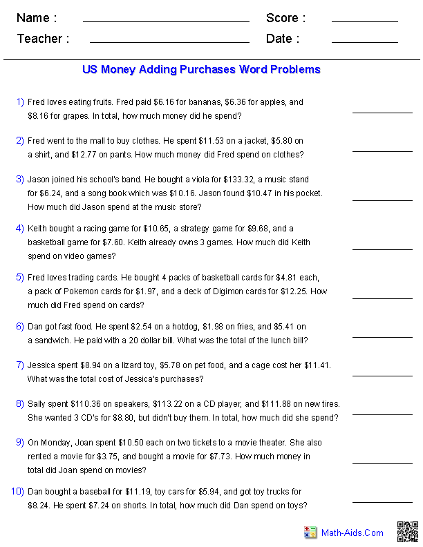 Second grade students solving money math word problems involving fractions and currency