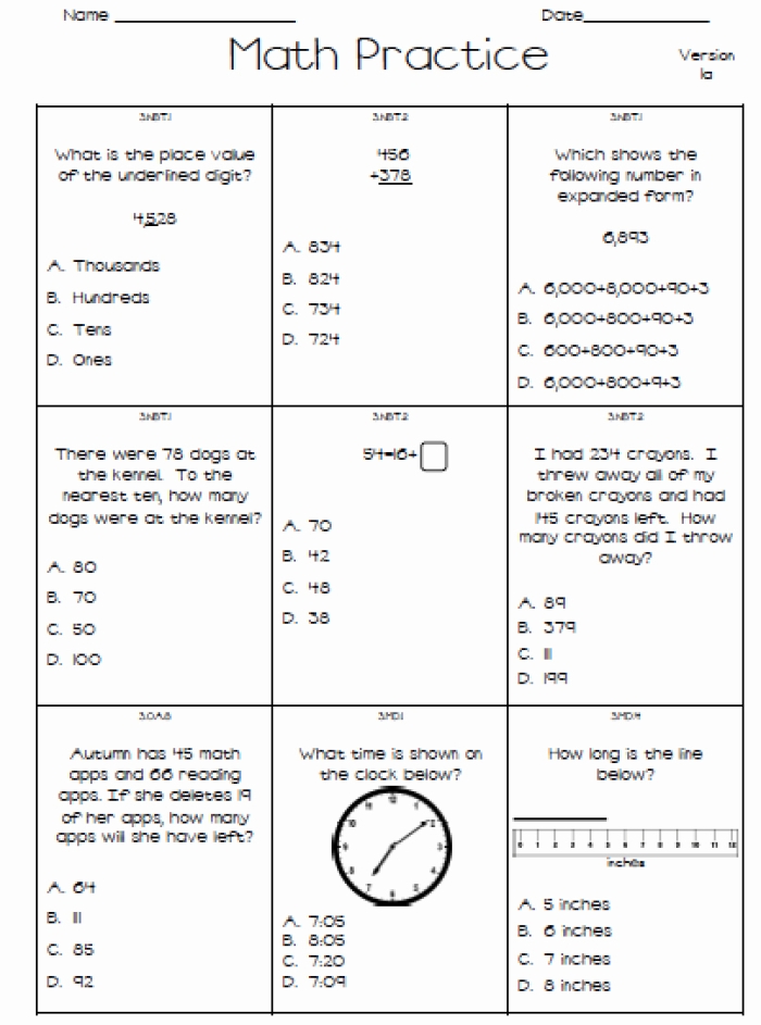 Practice test worksheet for second graders focusing on money and addition skills