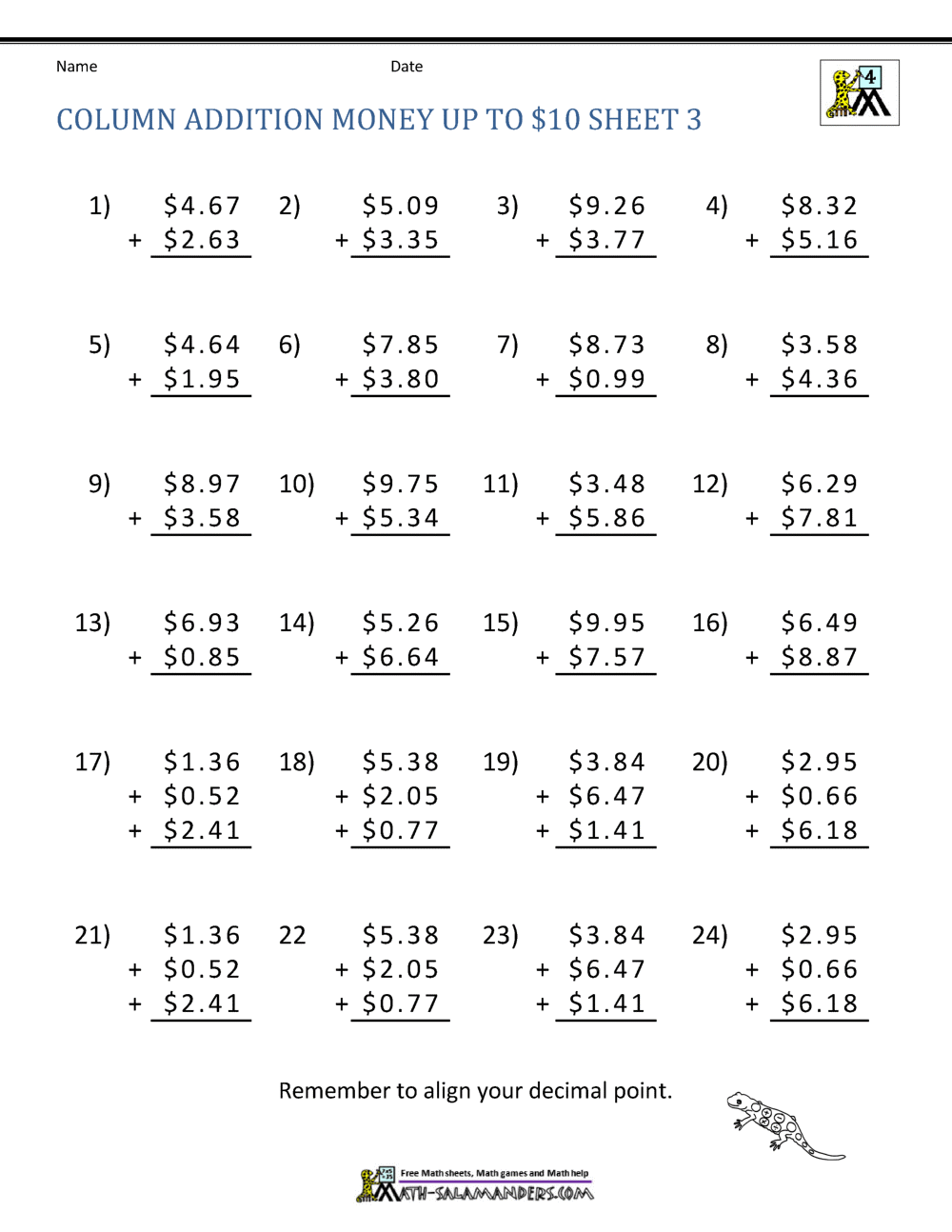 Coin and Dollar Addition Practice Exercise 10 for Elementary Math Learners Second grade student practicing addition of dollars and coins to calculate the total cost of items in a money math worksheet activity
