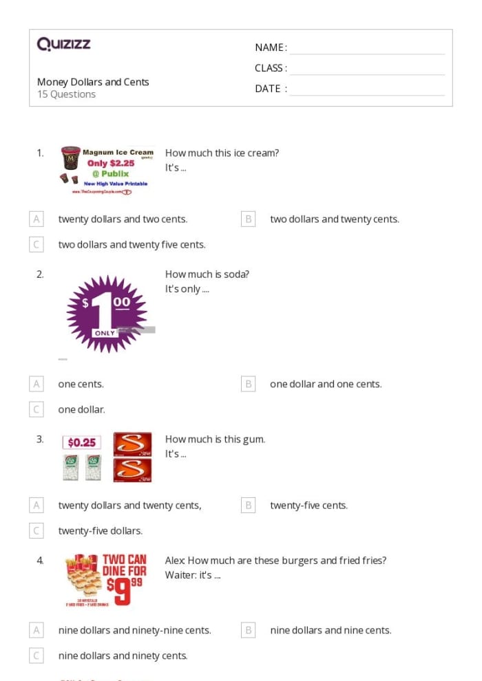 Worksheet featuring a money math exercise for second graders focusing on adding dollars and cents