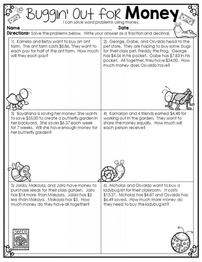 Second grade money math word problems worksheet featuring addition of dollars and cents