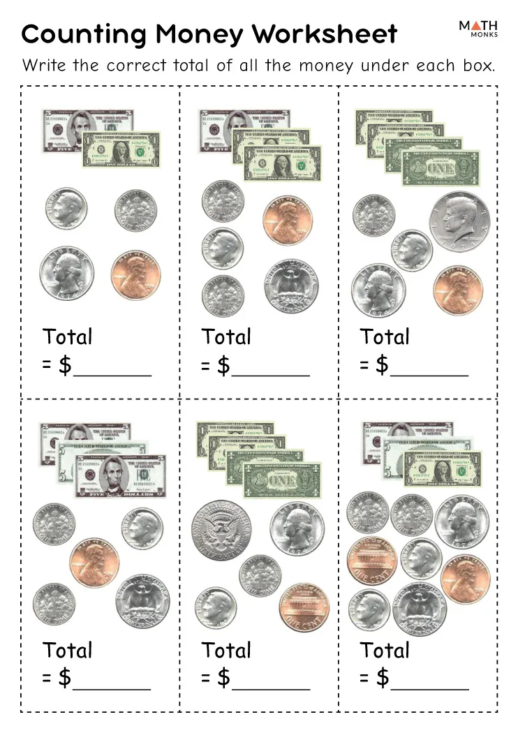 Practice test worksheet for second graders focused on money and addition skills