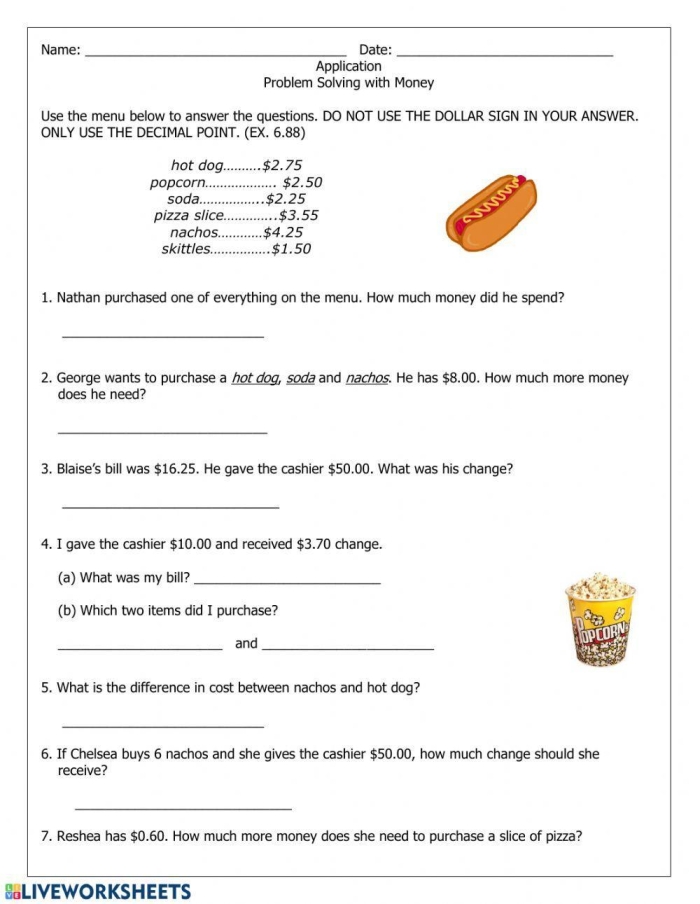 Second grade worksheet featuring money math word problems with number bonds and subtraction
