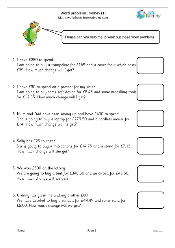 Worksheet featuring second graders solving spending money word problems using number bonds and subtraction