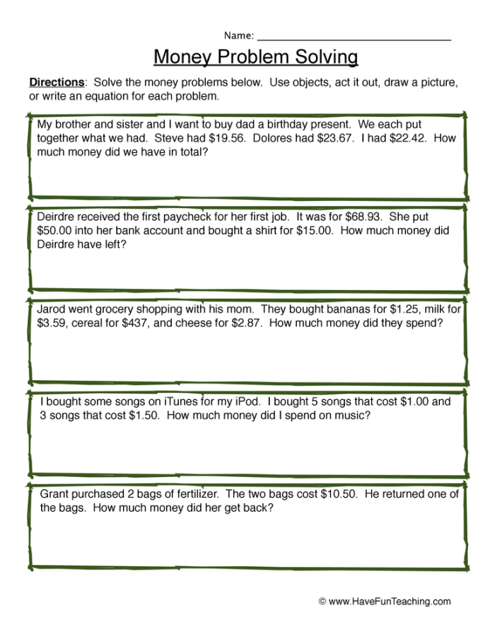 Second-grade students solving money-related word problems using subtraction in a worksheet