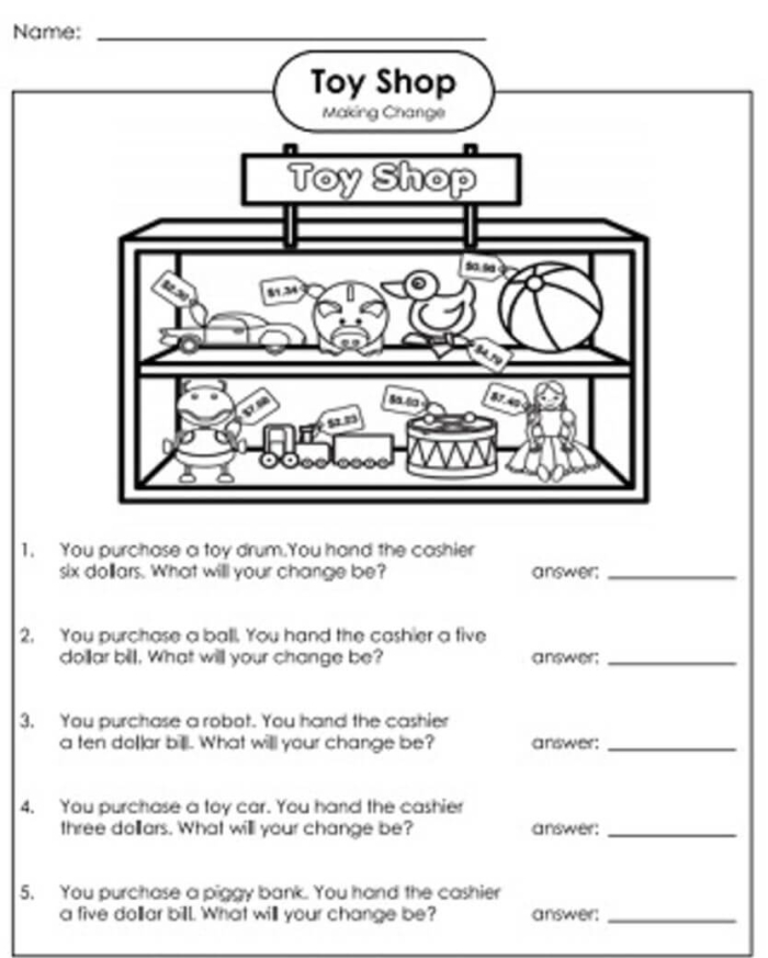 Second grade math worksheet featuring money word problems about making change at a toy store