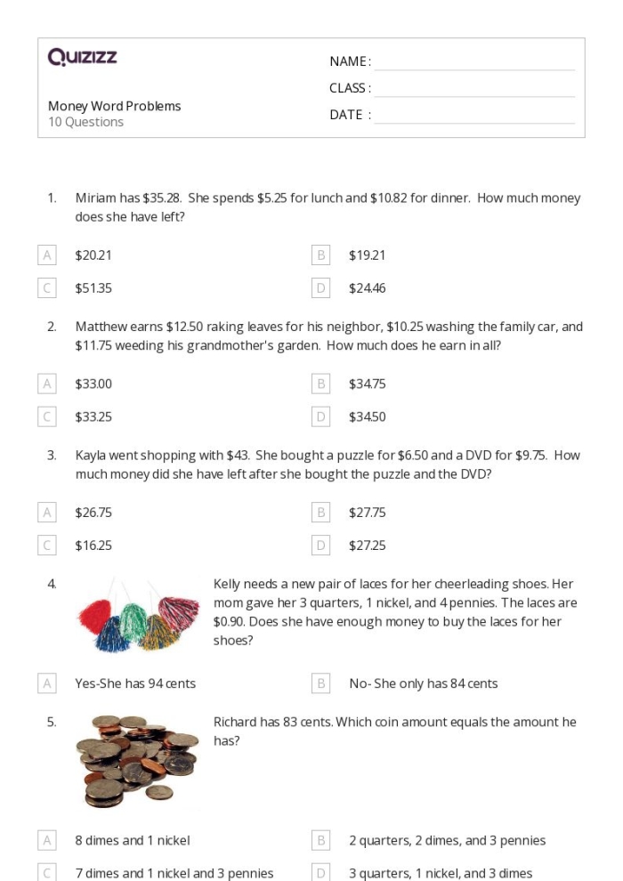 Second grade money math word problems worksheet featuring addition of dollars and cents 25