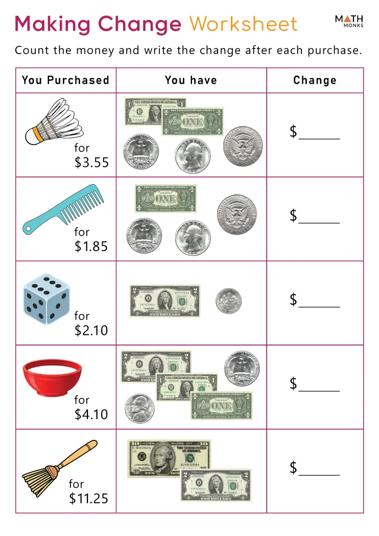 Second grade math worksheet featuring money word problems about making change at the toy store