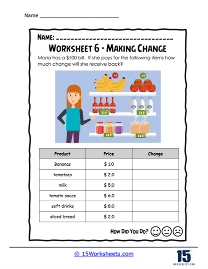 Second grade math worksheet featuring money word problems for calculating change at a toy store
