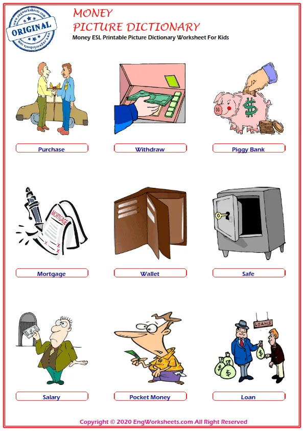 Children engaging with a money terms worksheet focused on dollars and cents