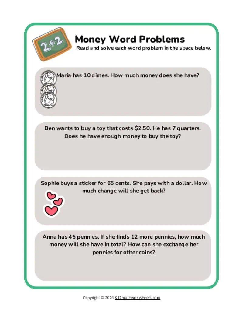 Second grade math worksheet featuring illustrations of coins and bills to help students practice money terminology