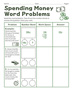 Second grade students solving money word problems using subtraction and number bonds