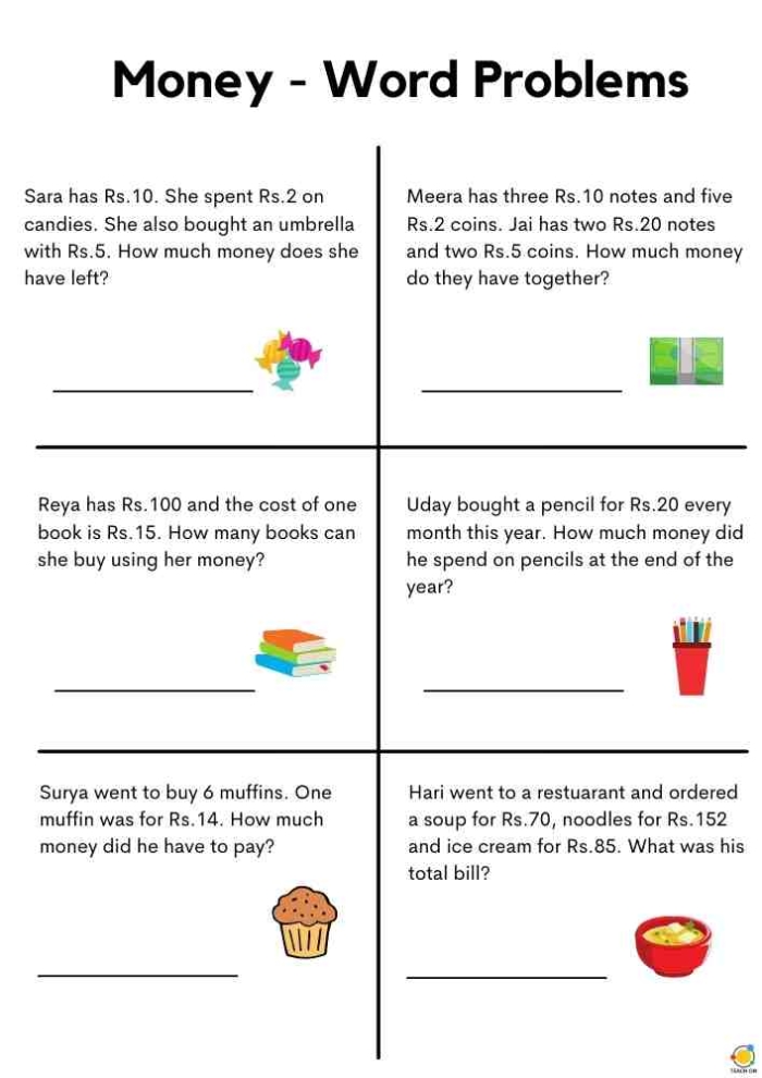 Second grade students working on a Spending Money Word Problems worksheet featuring number bonds and subtraction. Engaging math worksheet for practicing money-related word problems in phonics.