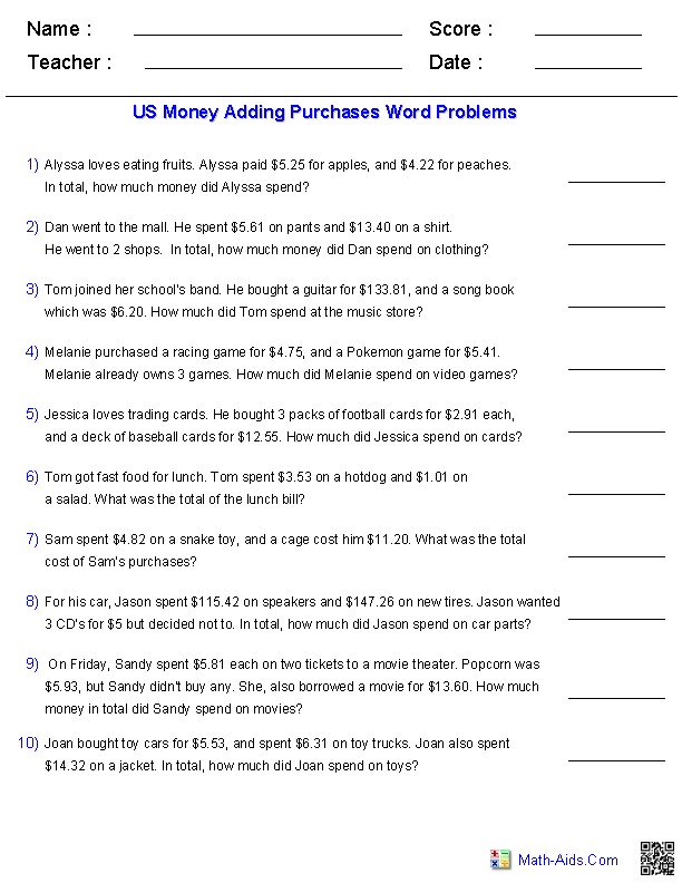 Second grade students solving money-related word problems with number bonds and subtraction