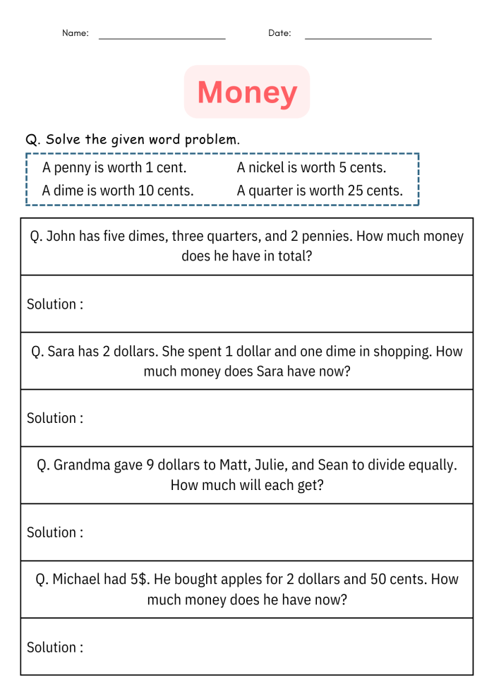 Second grade students working on a Spending Money Word Problems worksheet with number bonds and subtraction. Engaging math practice for young learners focusing on money-related word problems.