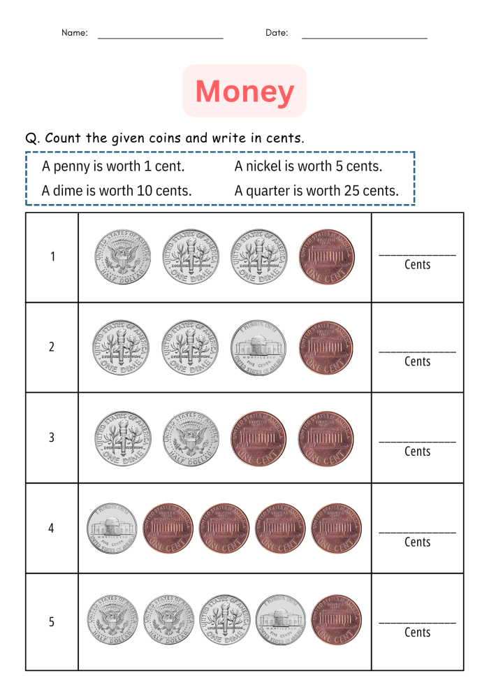 Second grade worksheet featuring money word problems with number bonds and subtraction