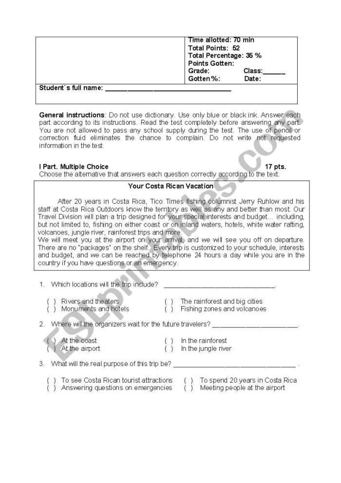 Second grade reading comprehension practice test worksheet with multiple choice questions