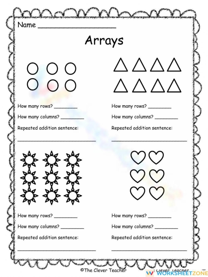 Array Practice Worksheet 11 Multiplication Exercises for Second Grade Second grade math worksheet featuring repeated addition exercises for multiplication arrays
