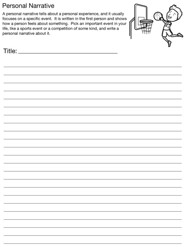 A second grade worksheet template showing pre-writing organizers and guided spaces for children to plan and write their personal narrative story