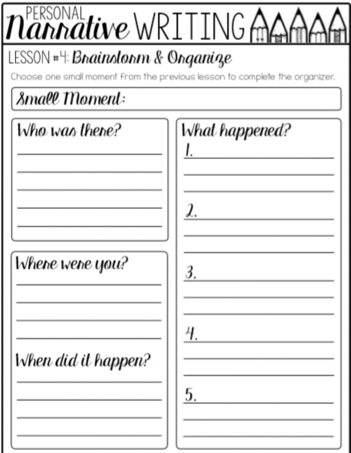 A second grade student worksheet template with writing prompts and organizational sections for planning a personal narrative story