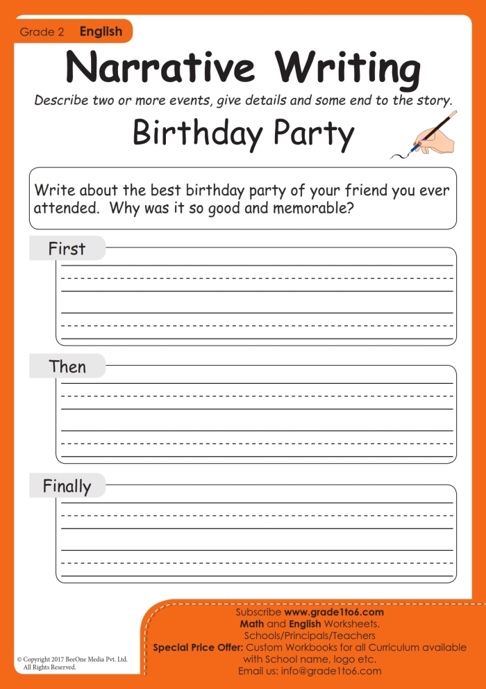 A second grade worksheet template showing pre-writing organizers and guided lines for students to compose their own personal narrative story