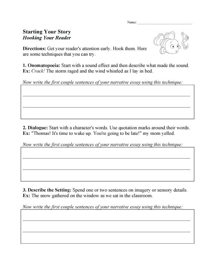A second grade student worksheet template showing pre-writing organizers and lined spaces for composing a personal narrative story