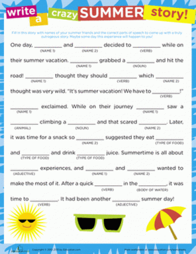 Colorful worksheet for second graders to create a fun summer road trip story