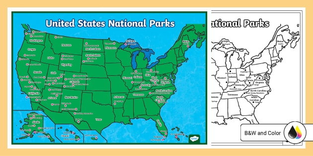 Second grade math worksheet featuring a map of the United States to practice locating national parks