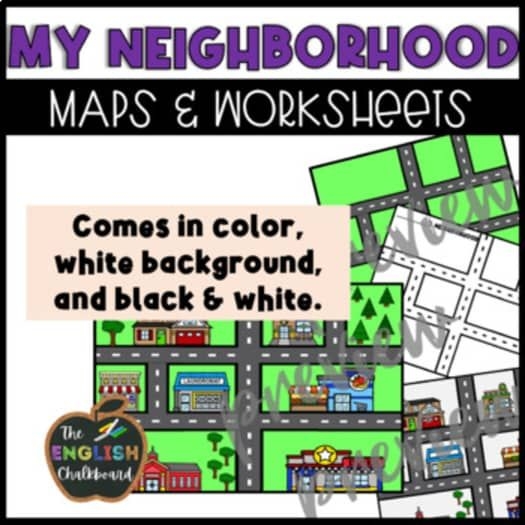 Second grade students using a neighborhood map with key and compass rose to answer map reading questions