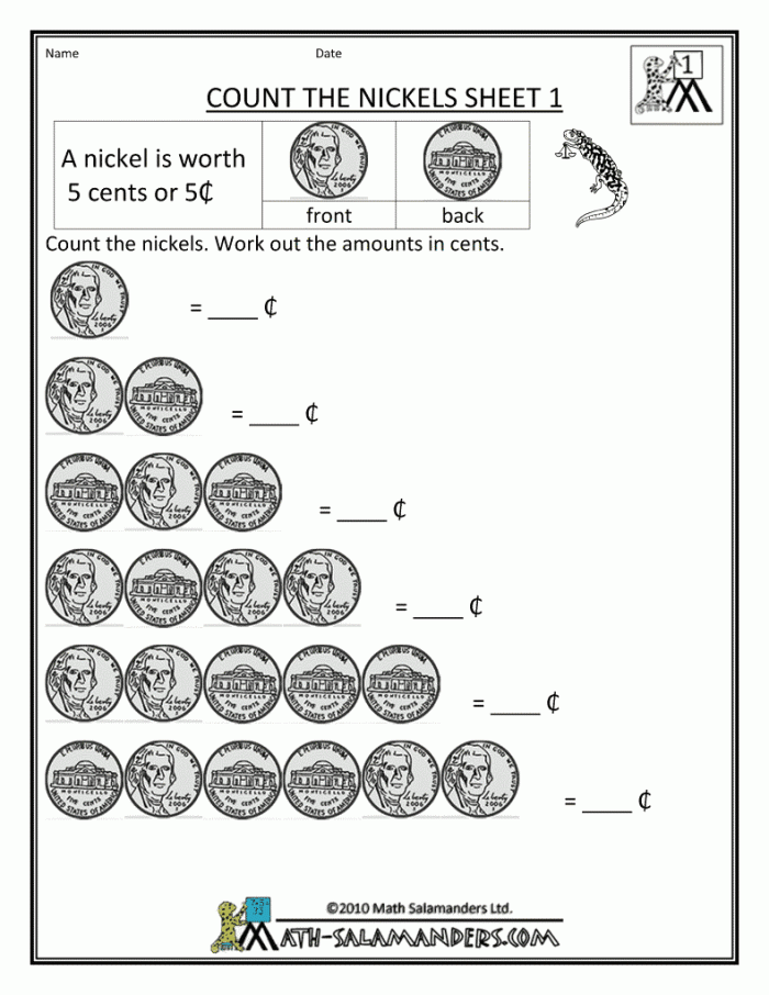 Second grade worksheet teaching students about the value and appearance of a nickel coin