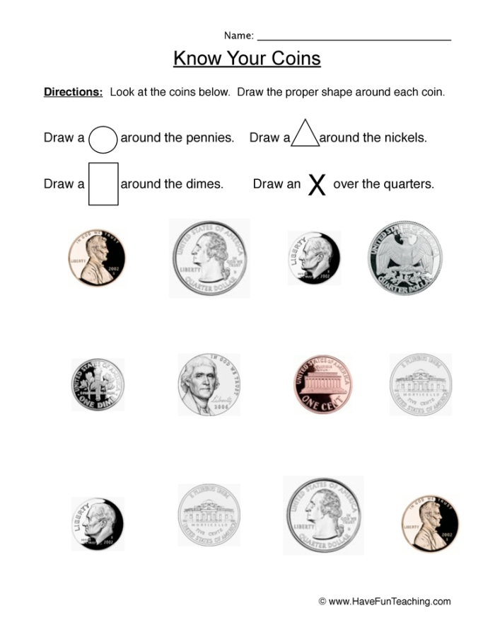 Second grade worksheet for kids identifying and counting nickel coins